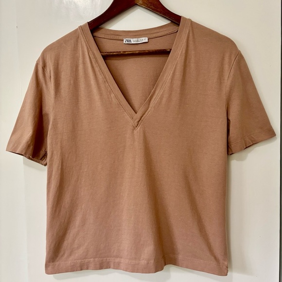 Zara| Soft V-Neck Brown Short Sleeve Cropped Tee Sz S - Picture 2 of 4